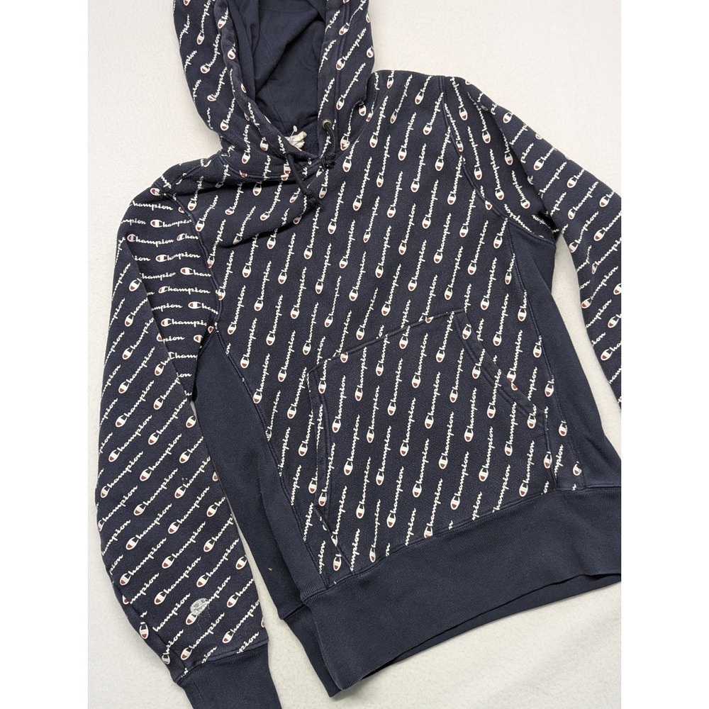 Champion Reverse Weave Hoodie Navy Blue All Over Logo Print Mens Small